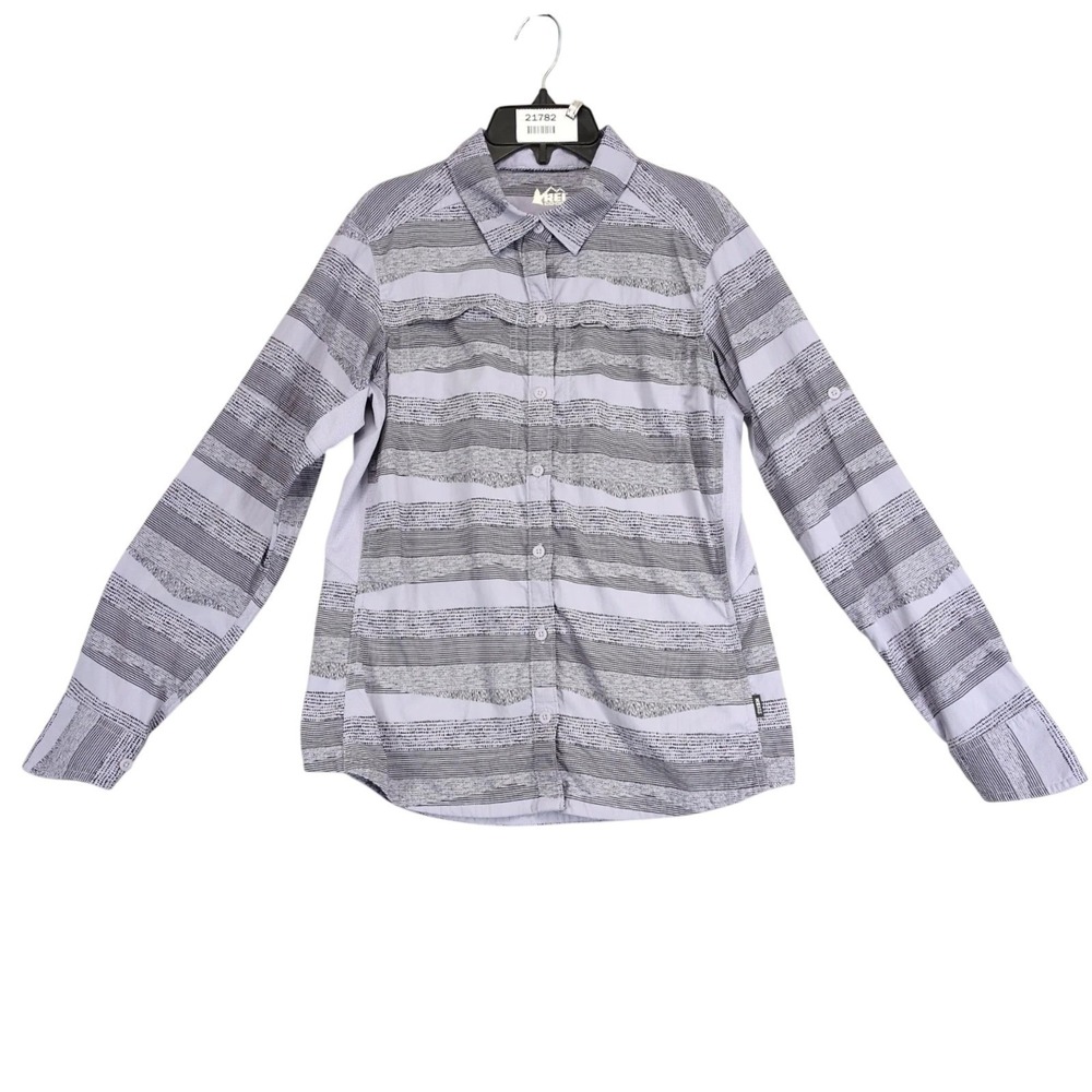 REI Co-op Purple Striped Button-Up Shirt Womens S Hiking Roll Tab Long Sleeves